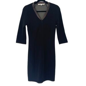 Veronica Beard Zip Front Black‎ Dress Wool Blend Leather Trim V Neck Size 2